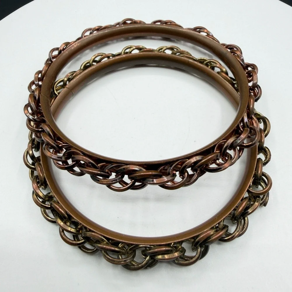 Pair Copper & Brass Tone Chain Link Bangle Bracelet Boho Stack Statement Jewelry